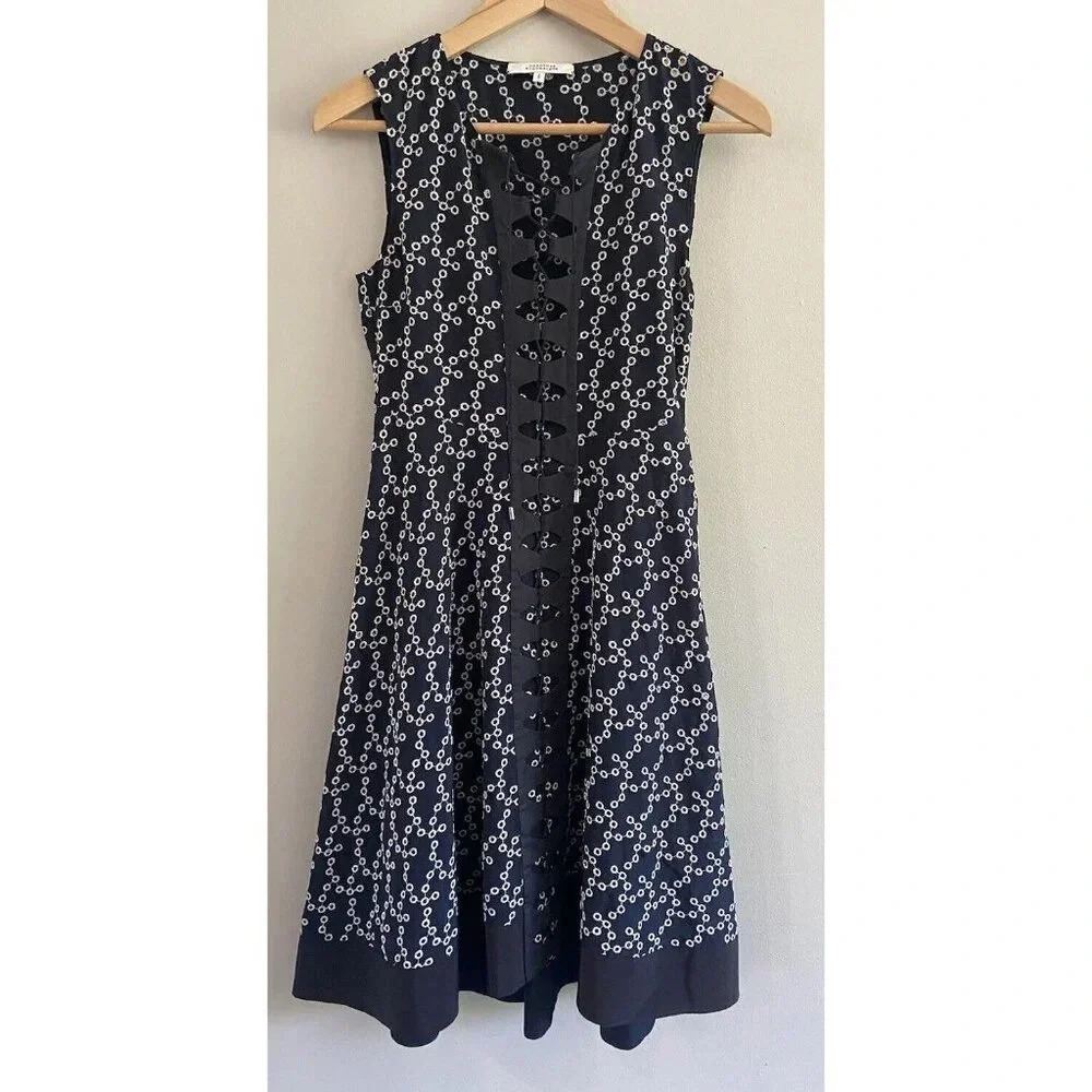 Dorthee Schumacher Dress Fit Flare Eyelet Lace Front Corset Navy Blue 1 Small